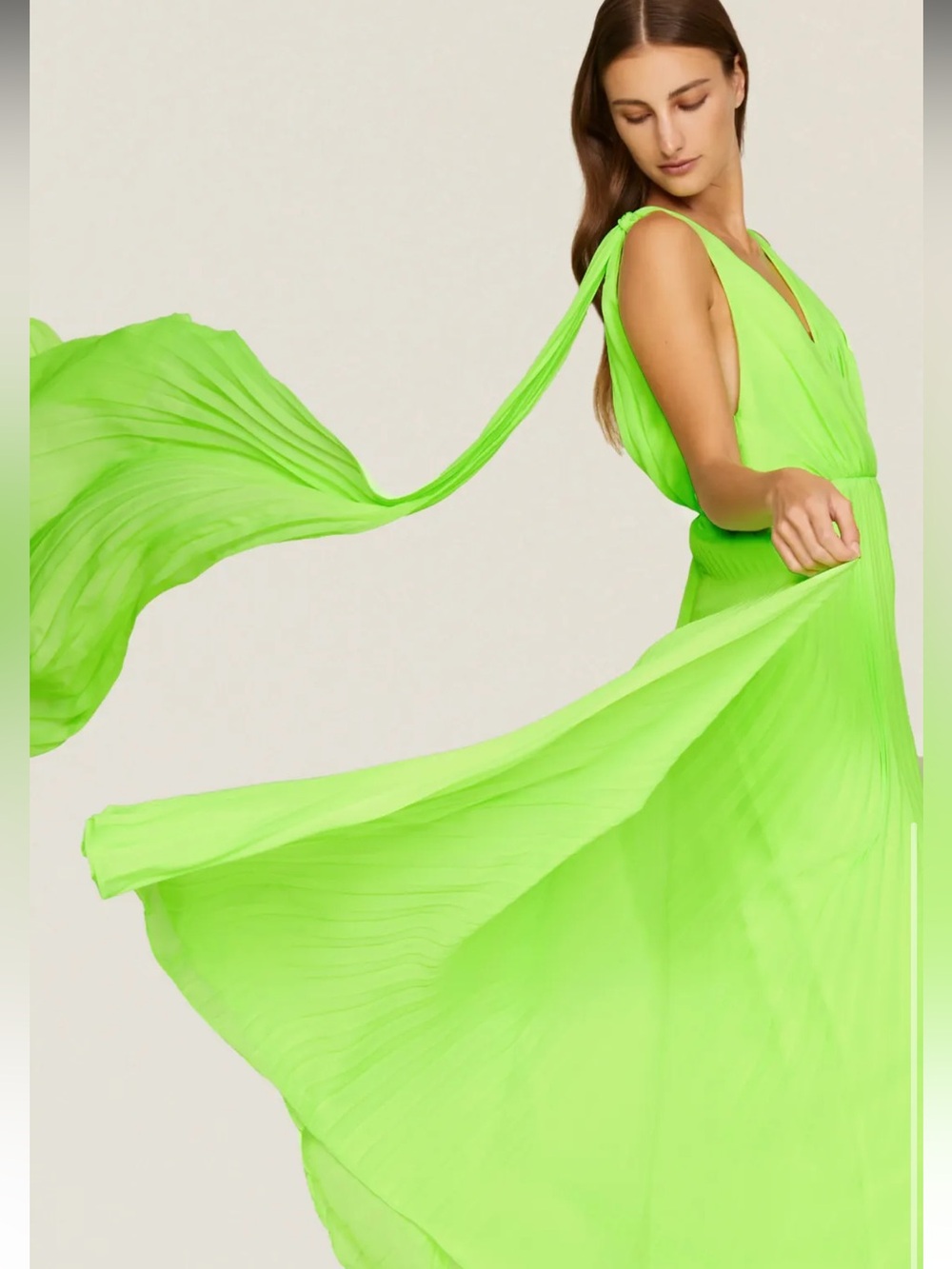 ML Monique Lhuillier Electric Neon Green Pleated Gown Maxi Dress New With Tags 8 - Picture 8 of 15